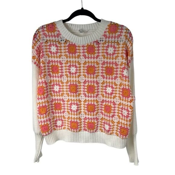 Time and‎ Tru White Orange Pink Crochet Front Sweater Granny Square - Picture 1 of 8